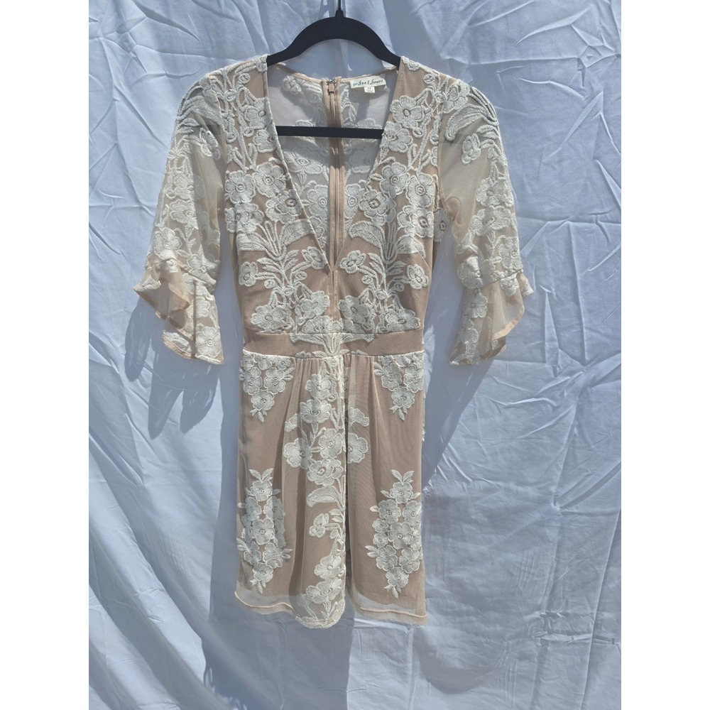 For Love & Lemons Nude Floral Embroidered Mesh Mini Dress XS Lace Bell Sleeve